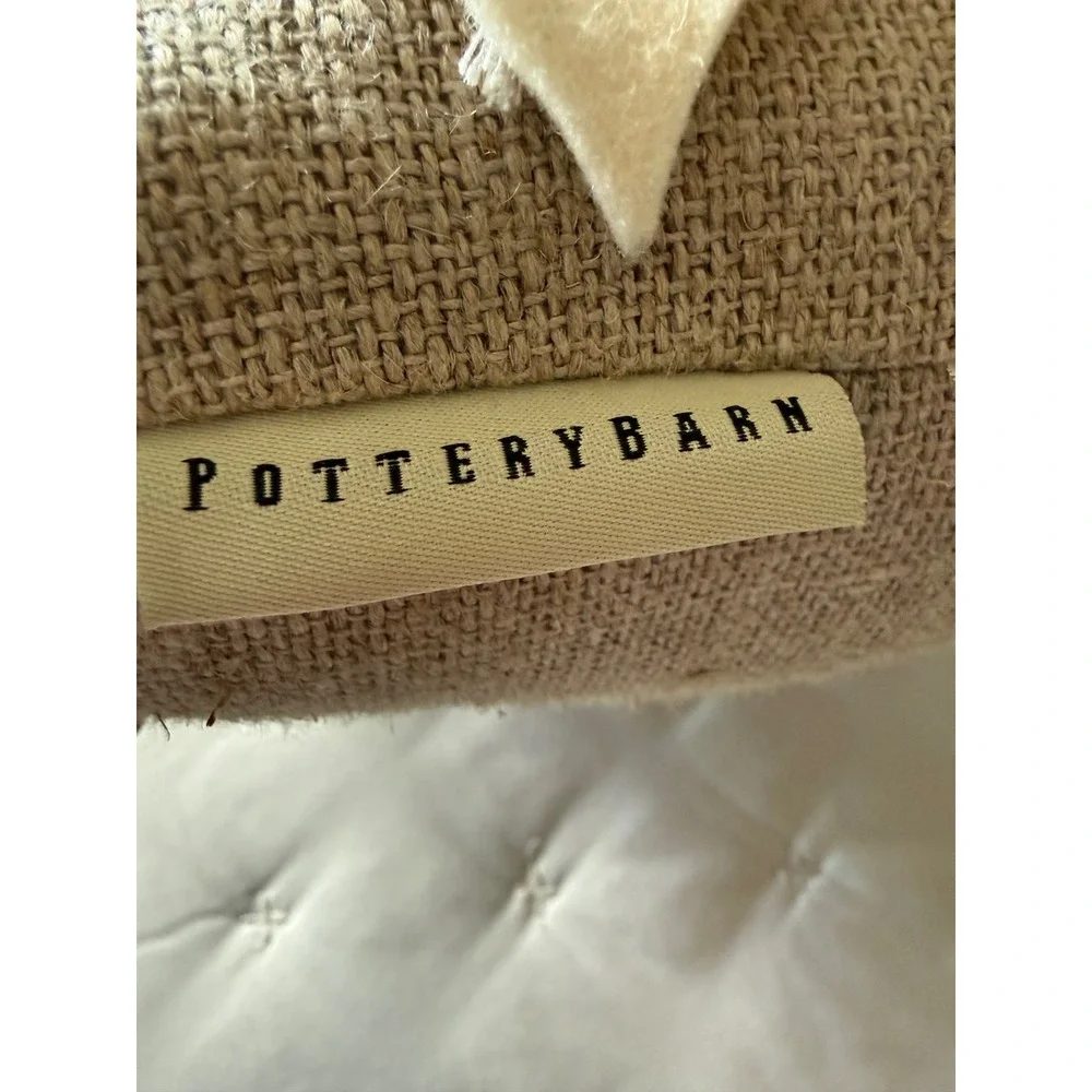 Pottery Barn Poinsettia Pillow 12x12 Tan EUC Jingle Bell Holiday burlap and felt